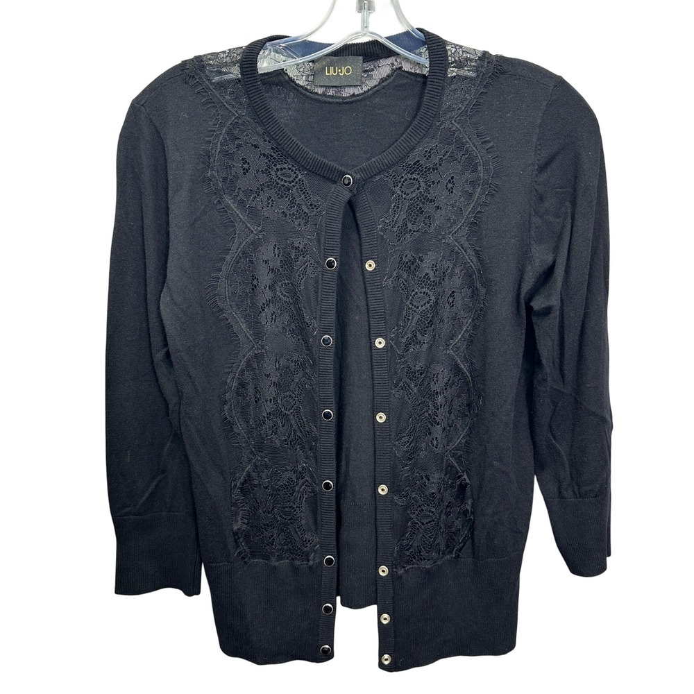 LIU JO Milano Eyelash Black Lace 3/4 Sleeve Snap Front Cardigan Women 44 S